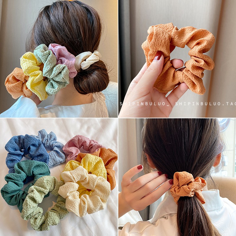 Scrunchies Cột Tóc Tròn Vải Xốp Có Gân Màu Xinh