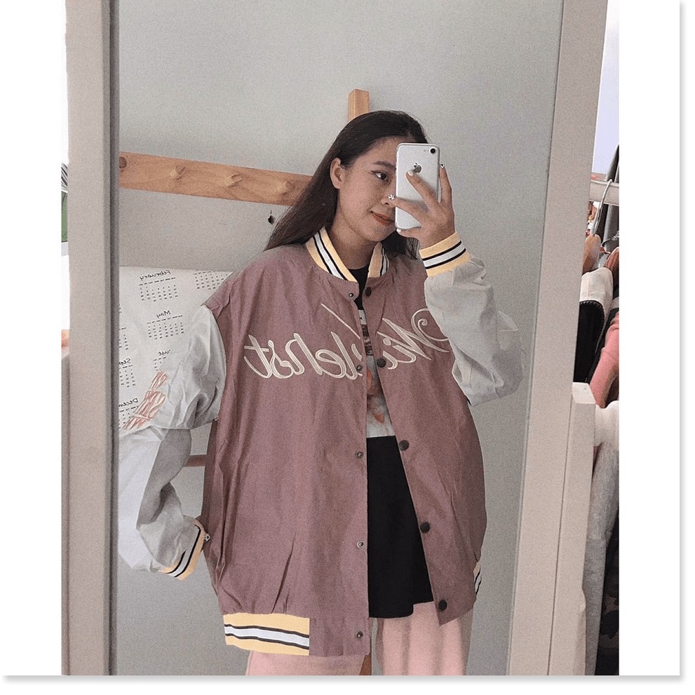 Áo Khoác Dù Nữ Bomber Cổ Bóng Chày In Chữ Siêu Chất