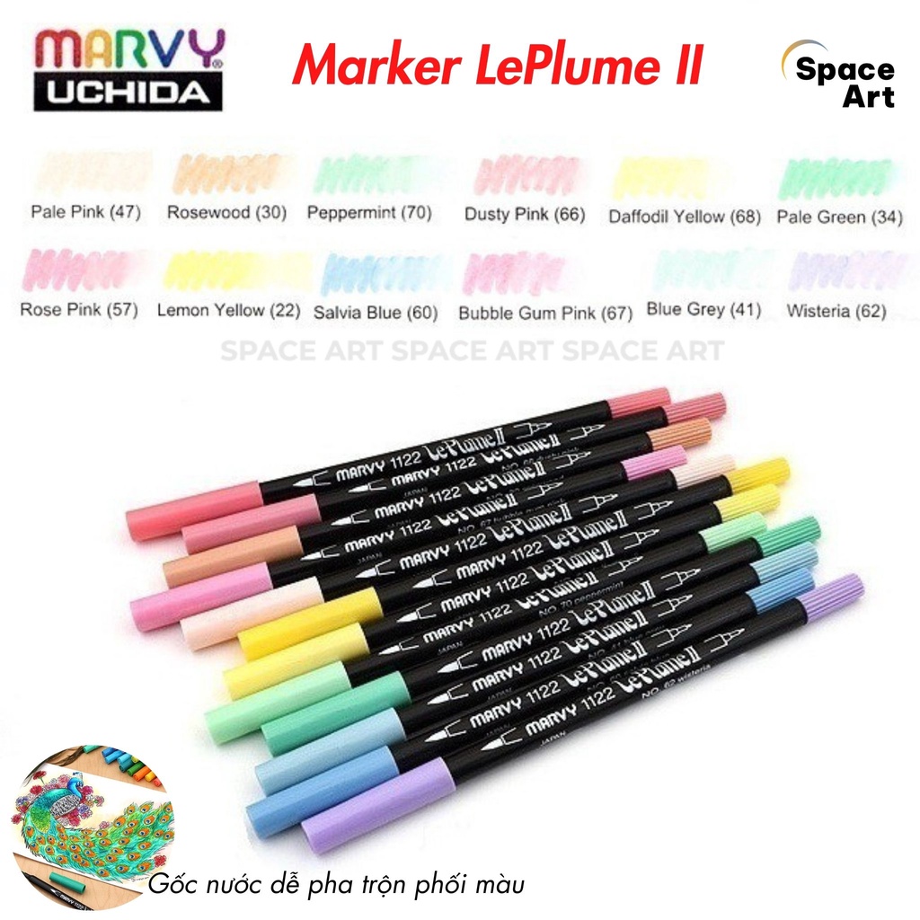 Bút MARKER màu nước MARVY LE PLUME II 1122 double-side Tone xanh lá, xanh dương