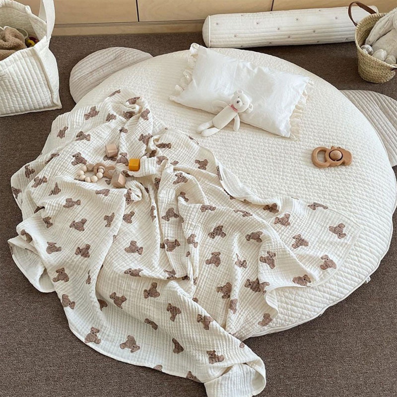 Chăn Quấn Em Bé 2 Lớp Họa Tiết Gấu Muslin Thời Trang Xuân Hè Thoáng Khí