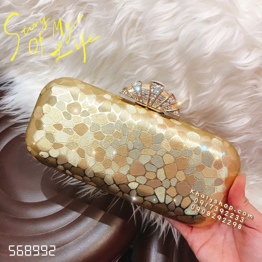 Bóp đầm clutch cao cấp dạ hội dự tiệc sang trọng đeo chéo, cầm tay kiểu đầu vương miện màu vàng đồng dành cho bạn nữ