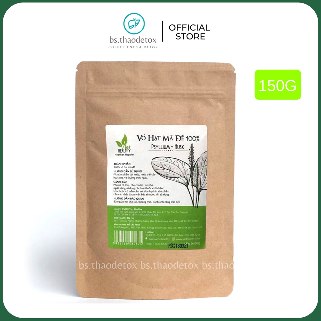 Vỏ Hạt Mã Đề Viethealthy 150g, Psyllium Husk ngon, dễ uống, nhuận tràng, ngừa táo bón, giảm cân