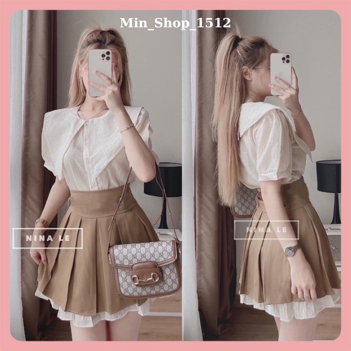 Set đồ nữ - Sét áo sơ mi cổ sen, mix chân váy xếp ly 2 tầng kèm dây lưng nâu cực xinh xắn