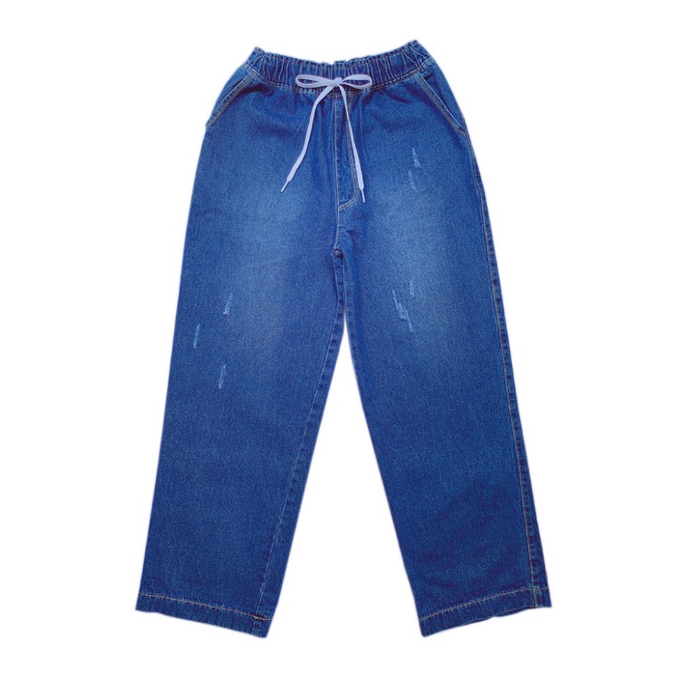 Quần jean ống rộng Unisex QJ004 - Quần jeans ống suông lưng cao qua rốn - Không dãn Xanh trơn