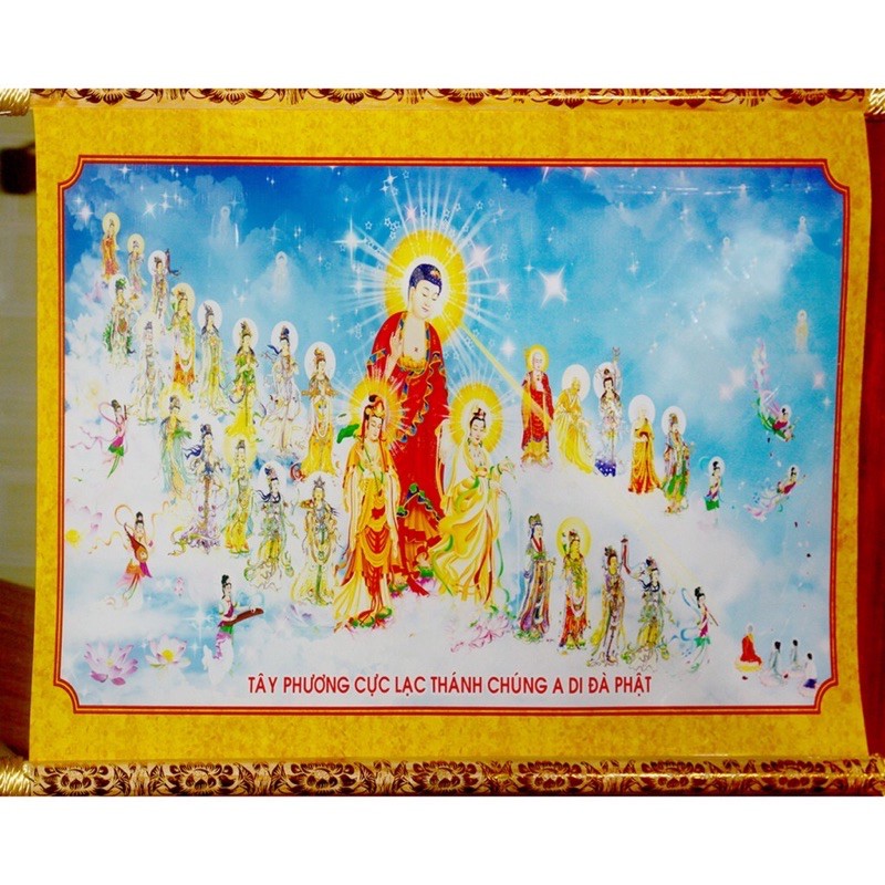 tranh Tây phương tam thánh-tiếp dẫn nẹp gỗ khổ 46x62cm