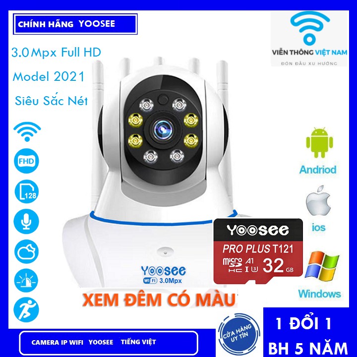 Camera Yoosee Camera Wifi 5 Râu 8 Led Xem đêm có màu 3.0Mpx Full HD Kèm Thẻ 32GB/64Gb Chuyên Dụng