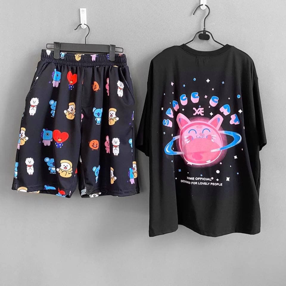 Set áo 3D rối seasame Kaws + quần short cartoon seasame unisex