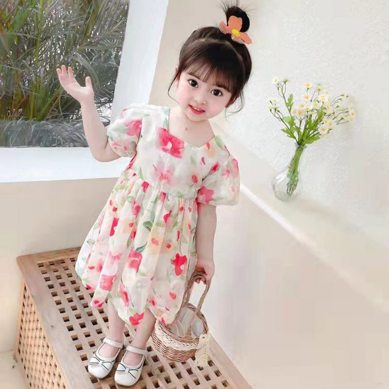 Đầm Bé Gái Đầm Công Chúa Mùa Hè Cổ Vuông Tay Cộc Kiểu Hàn Quốc Cho Bé Gái Se7En