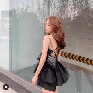 Set áo peplum đen đan lưng và short