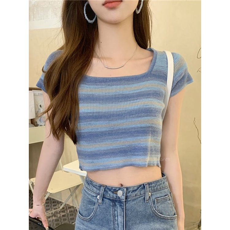 Porozi  Áo crop top dệt kim  thời trang Hàn Quốc kẻ sọc ngắn tay