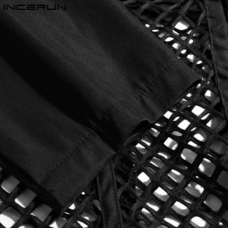 Áo liền quần INCERUN tay dài cổ bẻ may ghép lưới xuyên thấu dành cho nam giới