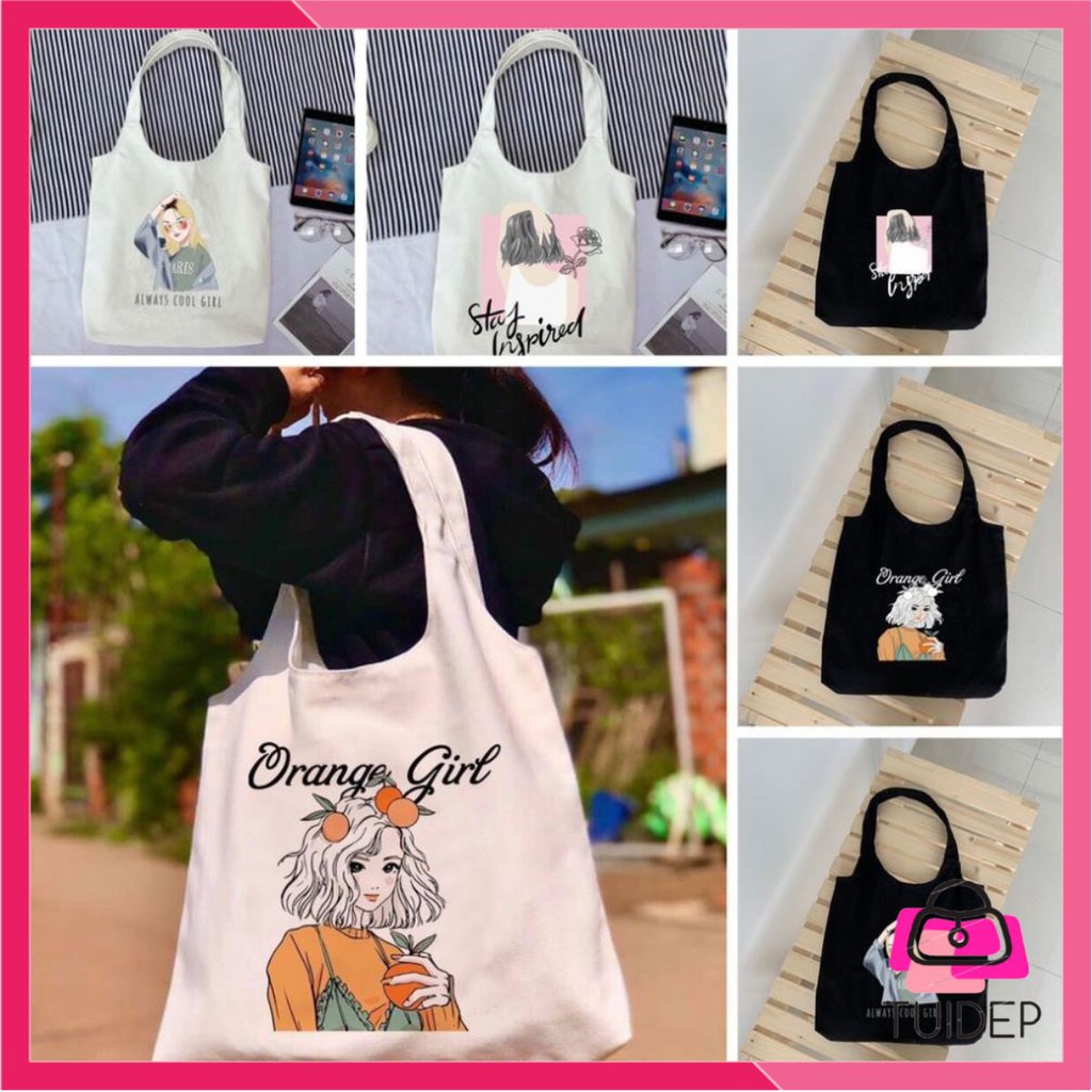 Túi tote vải canvas quai tròn nữ unisex đeo vai xách tay Hàn Quốc có khóa miệng cô gái Orange Girl dễ thương đủ màu sắc