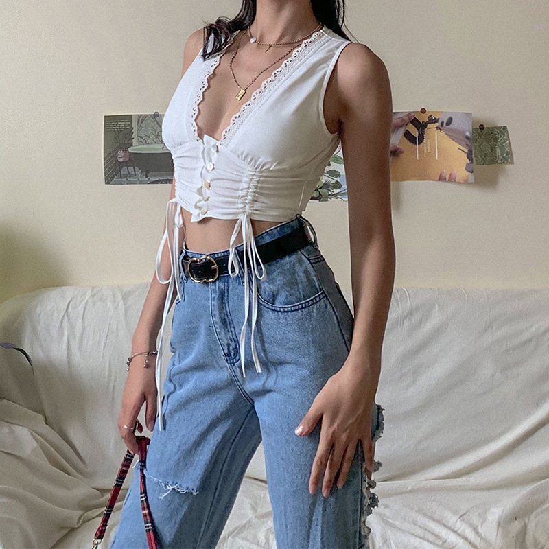 Áo Thun Croptop Sát Nách Cổ Chữ V Gợi Cảm Thiết Kế Dây Rút Đơn Giản Thời Trang Cho Nữ