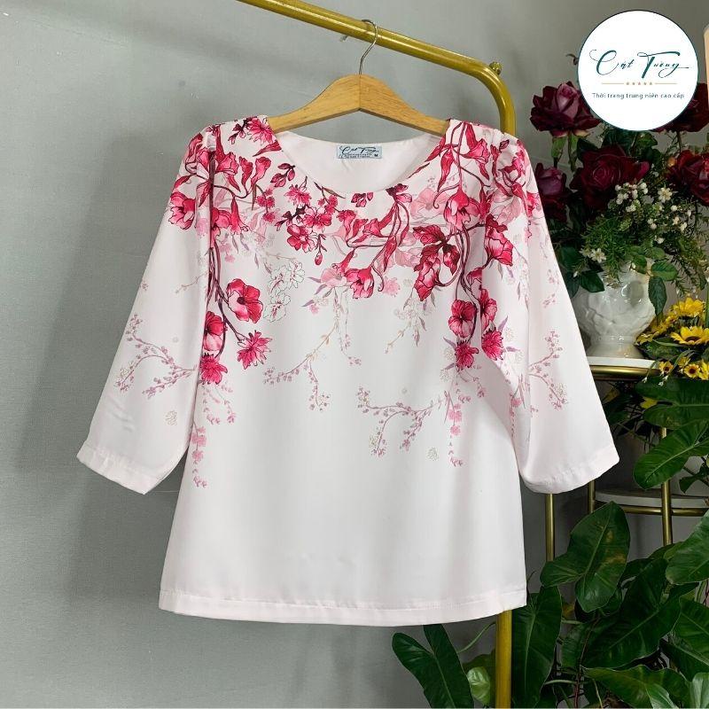 Áo kiểu thiết kế trung niên cho bà cho mẹ màu hồng hoa hông cao cấp CC14 - Thời trang Cát Tường