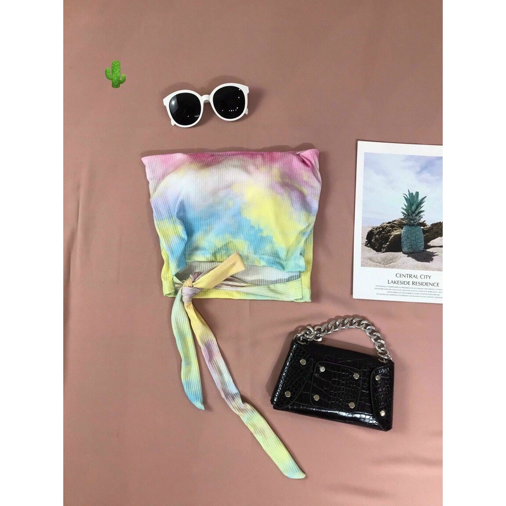 Áo ống pc họa tiết màu lang sọc ngang xinh có mút ngực buộc dây eo sexy