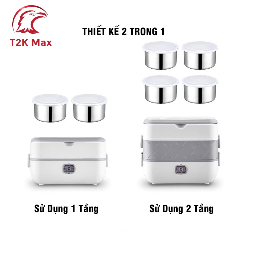 Hộp cơm cắm điện văn phòng 2 tầng 4 ngăn inox nấu chín, hâm nóng và giữ nhiệt cho thức ăn tiện lợi - T2K Max