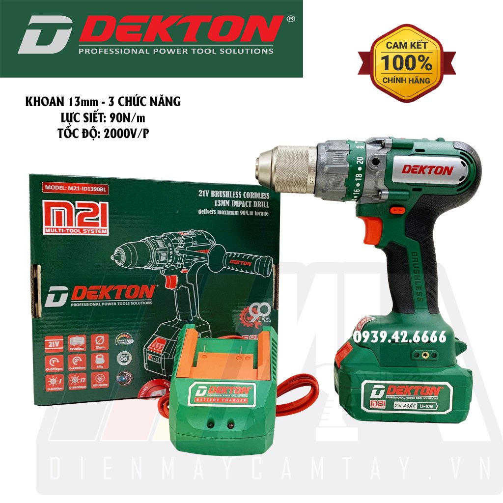 Máy Khoan Pin Dekton M21-ID1390BL - Motor Brushless - Lực Siết 90Nm - Chân Pin Phổ Thông - Tặng Sạc