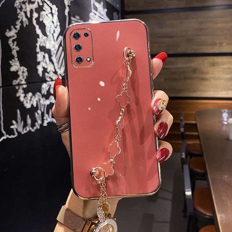 Ốp điện thoại QIANZI mạ họa tiết cỏ bốn lá cho realme C15 C25 C12 5 5i 6i C3 5s 7i C17 C20 C11 2020 8 8pro