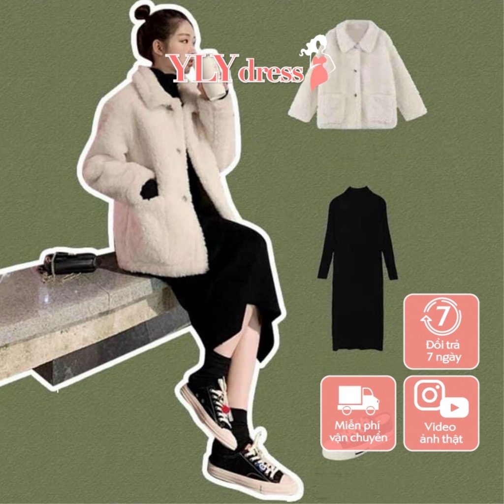 Set váy đầm thun tăm dài tay màu đen form ôm sexy cổ 3p mix áo khoác lông nữ trắng freesize sexy hàn quốc ylydress C483
