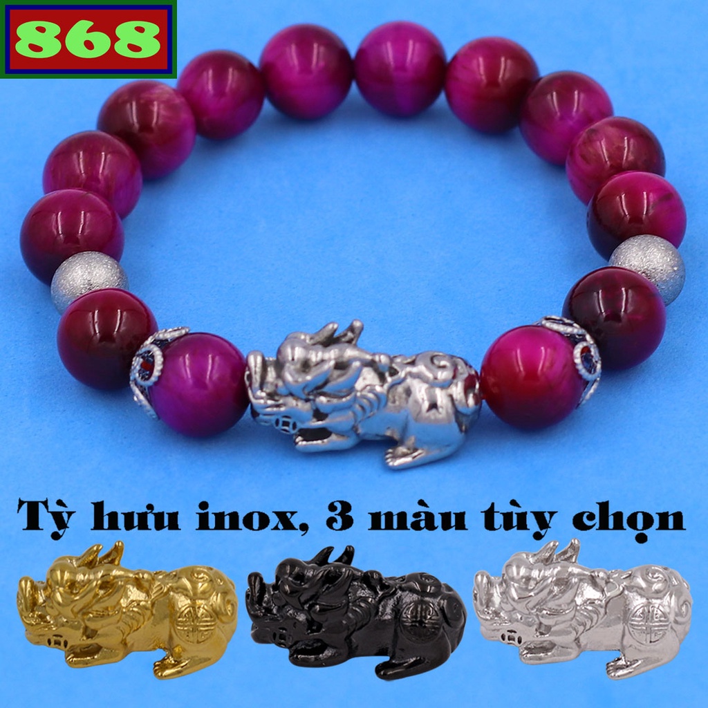 Vòng chuỗi đeo tay đá hổ hồng charm tỳ hưu inox, bi inox, khía bông inox, từ hạt 8 ly đến 12 ly