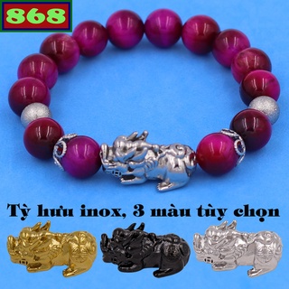 Vòng chuỗi đeo tay đá hổ hồng charm tỳ hưu inox, bi inox, khía bông inox, từ hạt 8 ly đến 12 ly