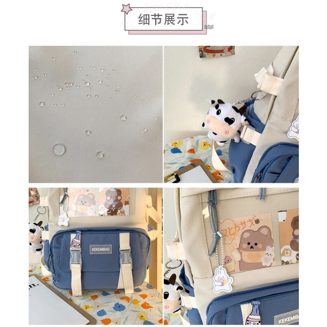 Balo nữ đi học uzzlang phối màu pastel tặng kèm 2 tranh và 3 sticker/huy hiệu, phong cách dễ thương Hàn Quốc BL6671