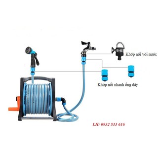 Bộ khung Rulo Cuộn Ống nước lionking kích thước 1/2" chiều dài 10M 15M đầy đủ khớp nối vòi tưới cây chỉnh tia