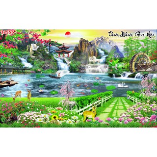Tranh dán tường 3d sơn thủy hữu tình trang trí nhà cửa phòng khách giá rẻ đẹp chất liệu decal pp keo sẵn bóc dán atk19