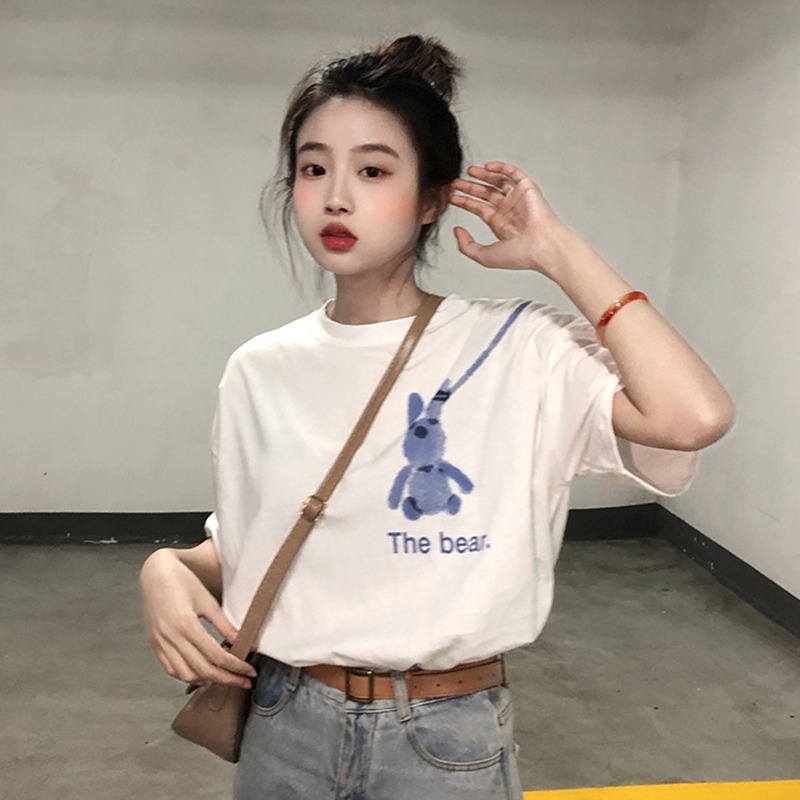 Áo thun ZHELIHANGFEI dáng rộng in hình thỏ graffiti dễ phối đồ