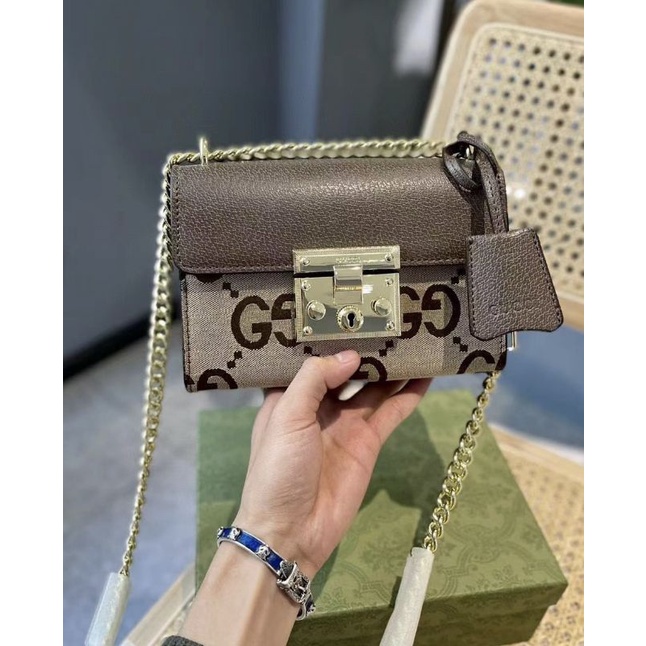 Túi xách nữ G.C PADLOCK sz20x14cm nắp nâu da bò mix họa tiết fullbox