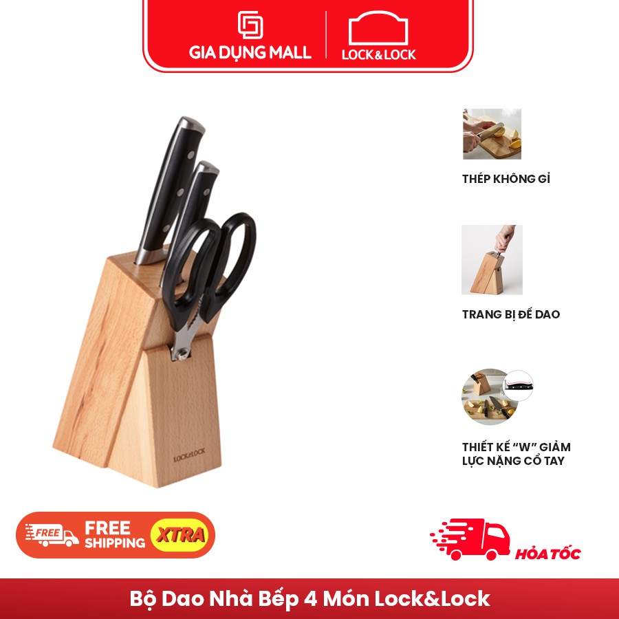Bộ dao nhà bếp 4 món bằng thép không gỉ Lock&amp;Lock CKK401 (2 dao, 1 kéo, 1 kệ) - Hàng Chính Hãng