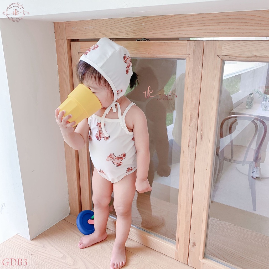 Bikini/ Đồ bơi liền 1 mảnh màu trắng họa tiết gấu bông (TẶNG KÈM MŨ BƠI) cho bé gái từ 5-13kg [GDB3]