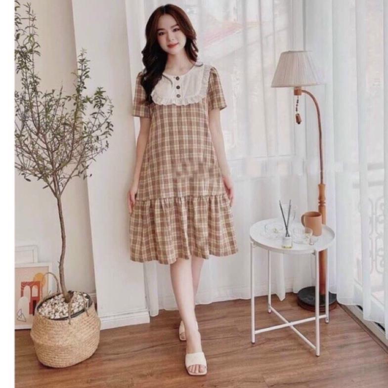 Đầm Bầu Váy Bầu Kẻ Caro Cổ Bèo Công Sở Lịch Sự Dáng Đuôi Cá Thiết Kế Đẹp feezsai 40-75Kg  -HD27