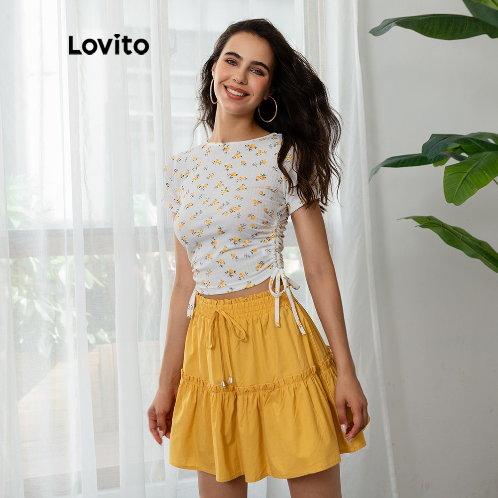Áo Thun Croptop Lovito Rút Dây In Hoa Thời Trang Thường Ngày L03109 (Màu Trắng) | BigBuy360 - bigbuy360.vn
