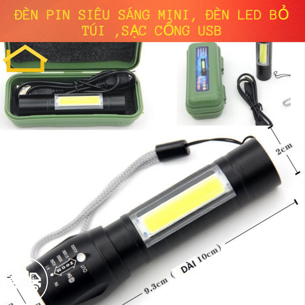 PIN SẠC-Đèn pin siêu sáng MINI, đèn led bỏ túi ,sạc cổng usb ,có zoom có led chớp , nhiều chế độ đèn