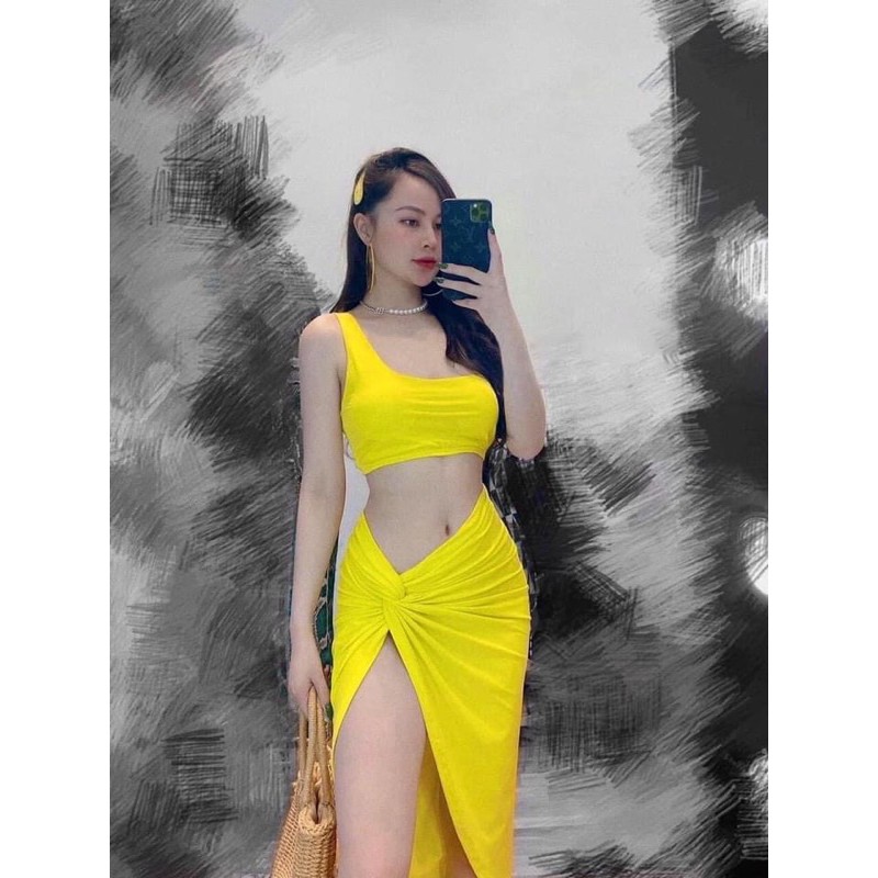Bikini lệch vai kèm khăn quấn (5 màu)