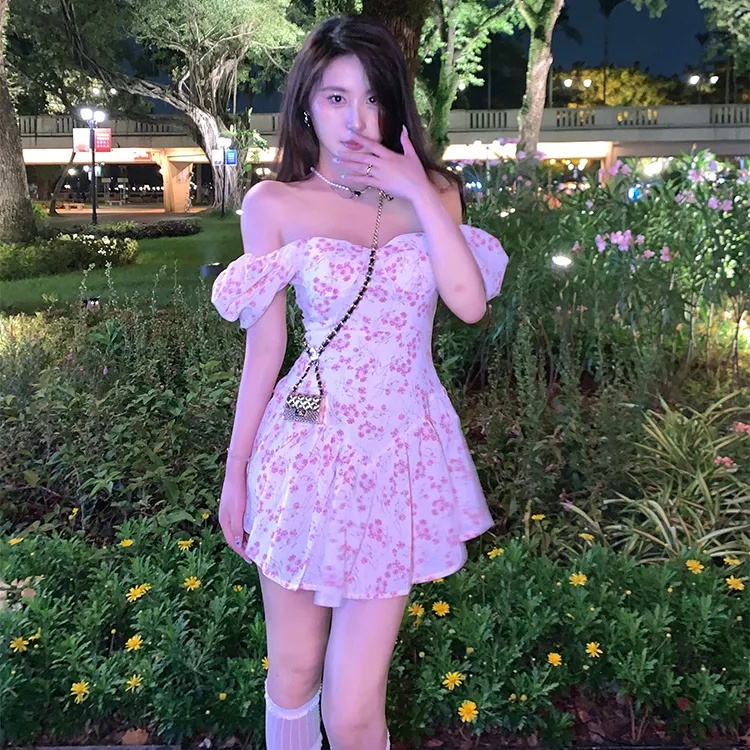 [MURIOKI] Đầm Ngắn In Hoa Tay Phồng Phong Cách Pháp Thời Trang Cho Nữ