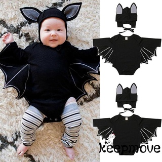 Bộ đồ Halloween 2 món cho bé gồm áo liền quần kiểu cánh dơi tay ngắn màu đen có viền cổ + mũ tai dơi có dây cột