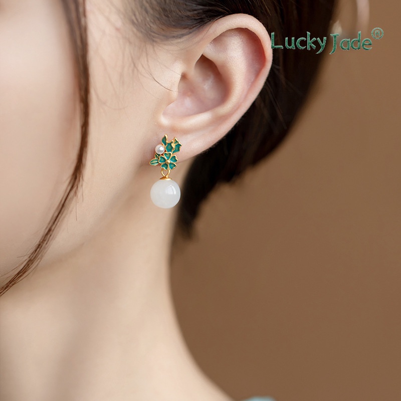 Khuyên Tai Đính Ngọc Bích Trắng/Vàng Kim/Bạc Đính Ngọc Bích Kiểu Cổ Điển