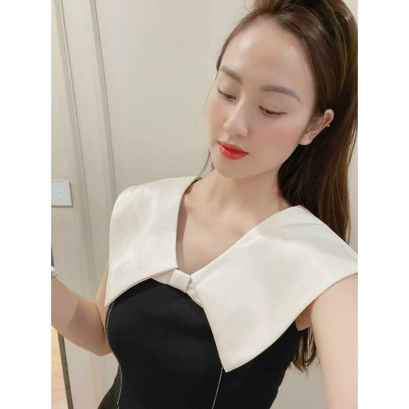 V693 Váy công sở cổ dáng chữ A thiết kế cổ V bản to đính nơ ngực, phối gân dọc sườn | BigBuy360 - bigbuy360.vn