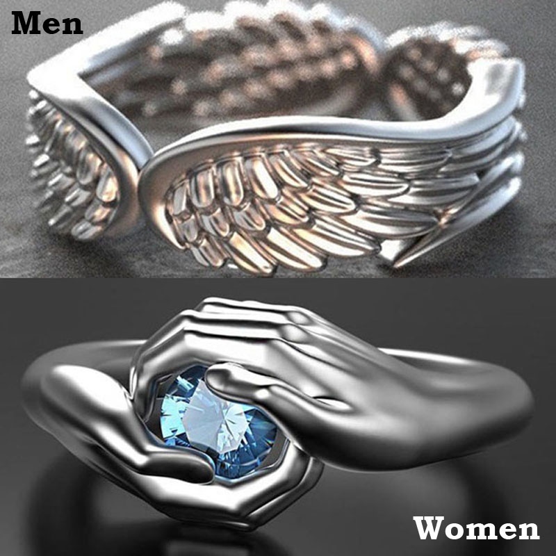 1 Nhẫn Đính Hôn Bạc Hình Đôi Cánh Thiên Thần Đính Đá Sapphire Sáng Tạo