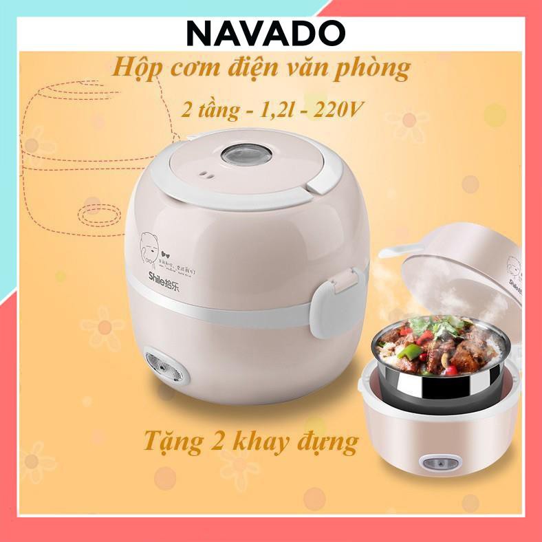 Nồi cơm điện mini 2 tầng inox 1.2 lít Hộp ủ cơm cắm điện, nấu mì, hâm nóng đồ ăn tiện dụng đa năng B2 NAVADO