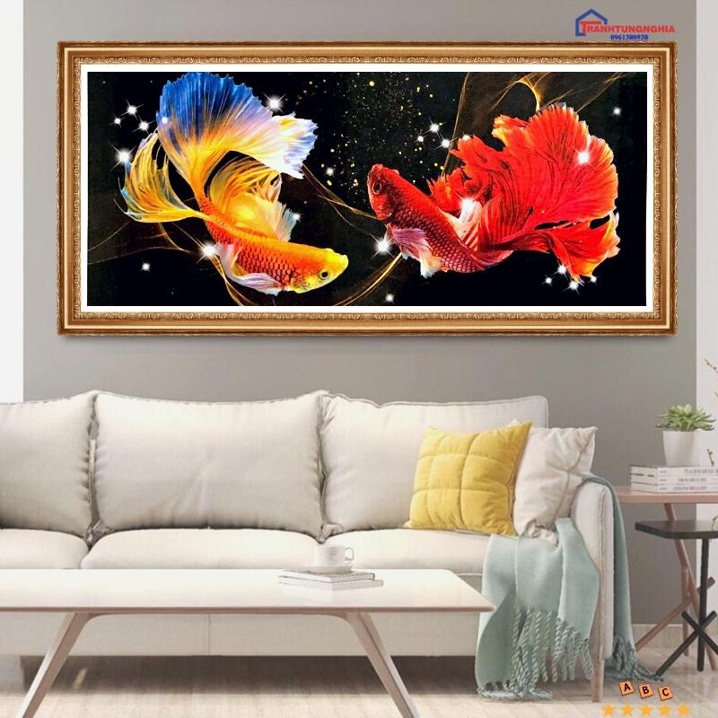 Tranh đính đá, tranh thêu chữ thập cá chép hóa rồng