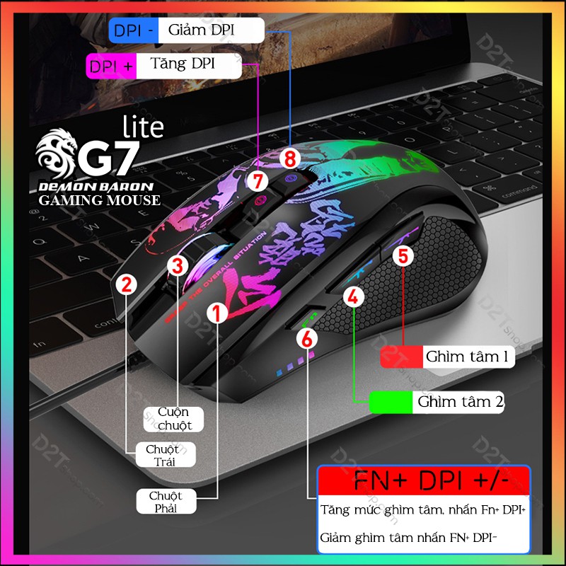 Chuột gaming G7 Lite V2  | PHIÊN BẢN MỚI | Hỗ trợ ghìm tâm PUBG, Led RGB 8 nút Autotap, ghìm tâm trên Mobile, PC