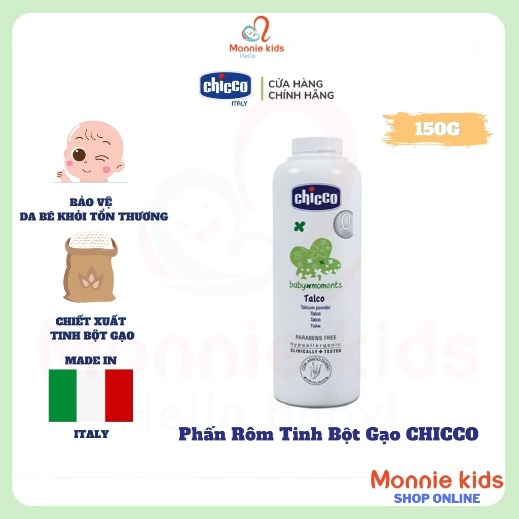 Phấn rôm cho bé CHICCO 150g, phấn rôm em bé chiết xuất tinh bột gạo an toàn - Monnie Kids