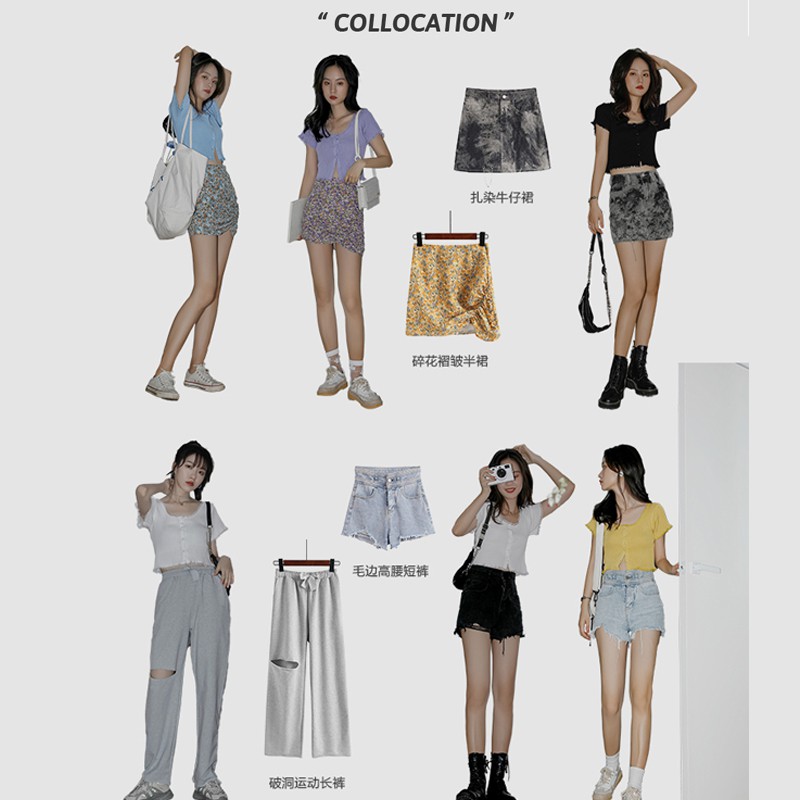 Cocory vn Áo Croptop Dệt Kim Tay Ngắn Phối Ren Phong Cách Hàn Quốc 5 Màu Tùy Chọn