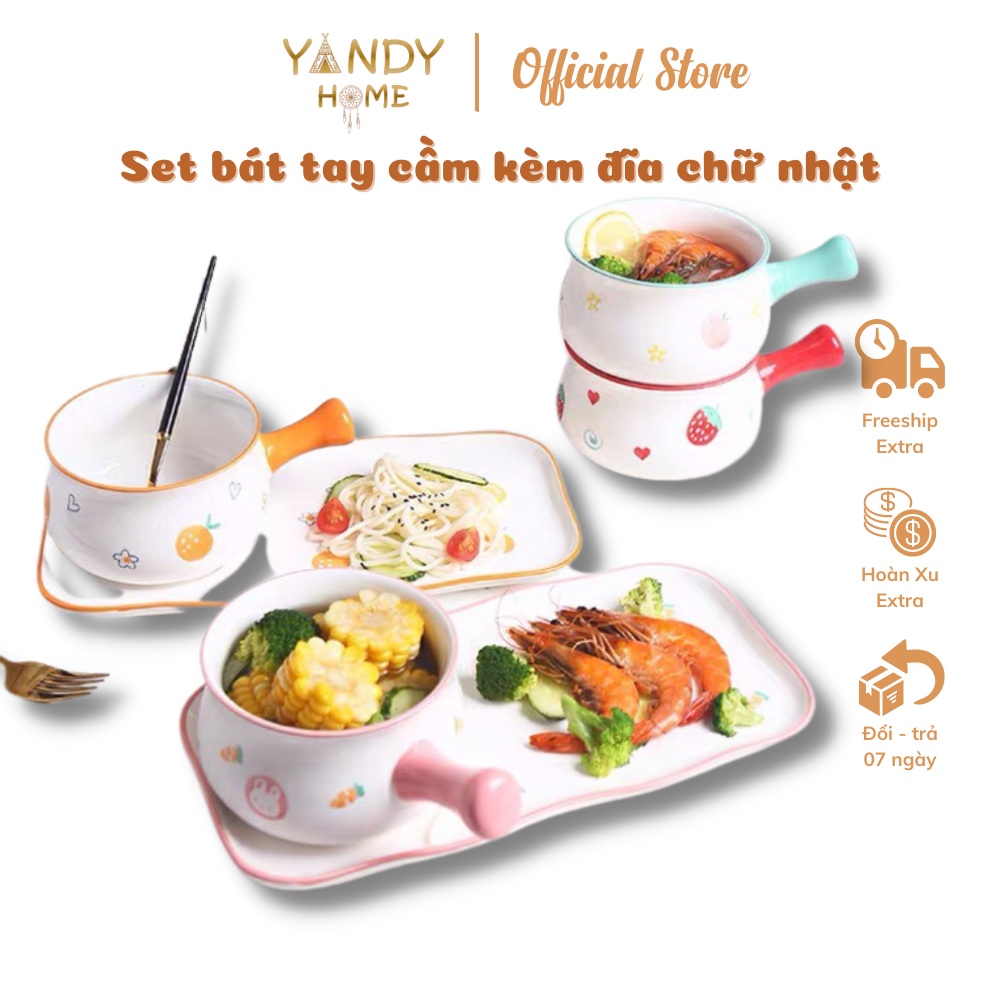 Bộ bát sứ có tay cầm kèm đĩa chữ nhật YANDY HOME BB08 quánh có dĩa gốm men cao cấp