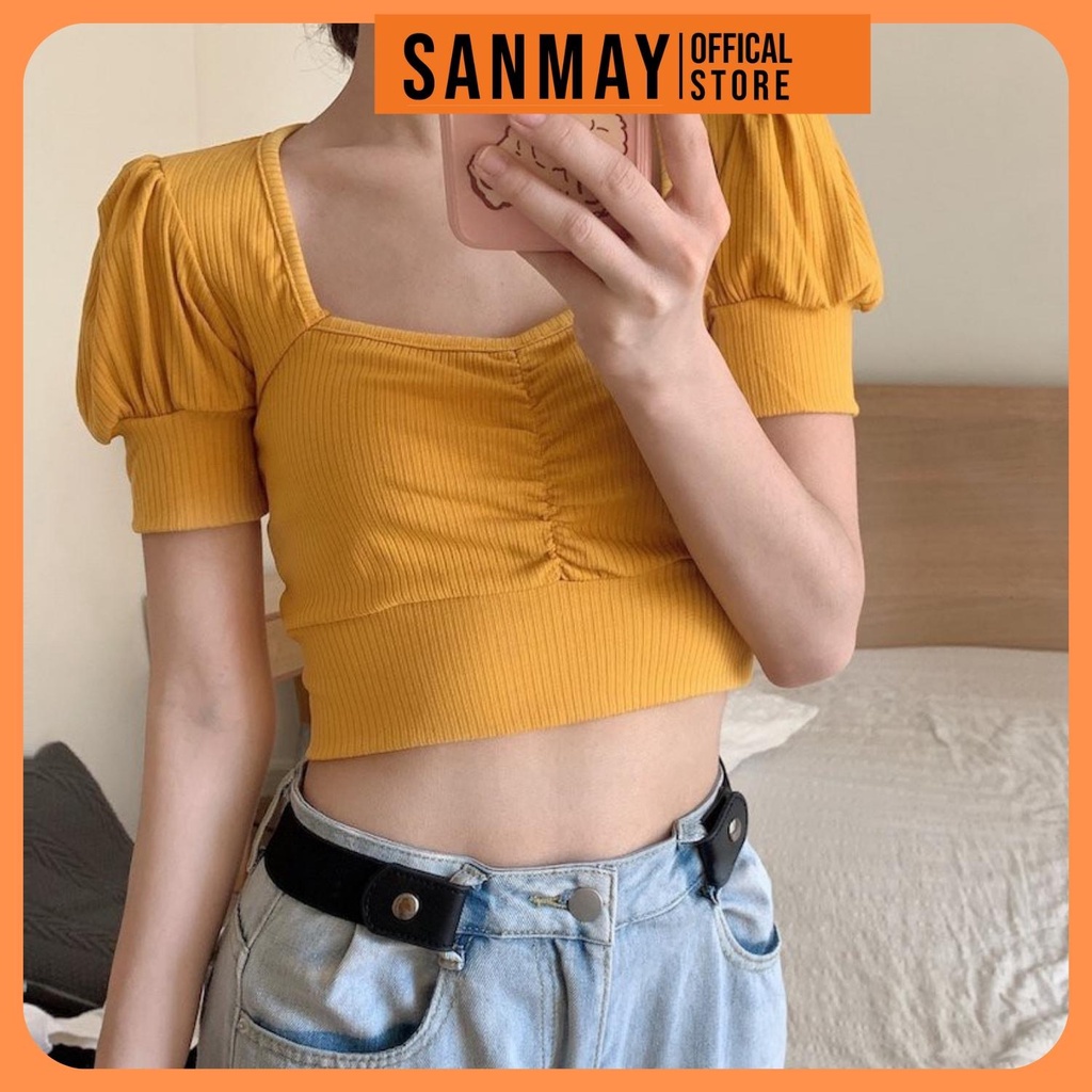 Áo Croptop Nữ Tay Ngắn Ôm Body SANMAY Áo Thun Croptop Tay Phồng Cổ Vuông Đẹp, Kiểu Ulzzang Sexy 5 Màu Đen Trắng AO012