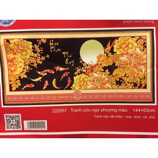 tranh thêu chữ thập cá chép ngắm trăng kt 144x63cm