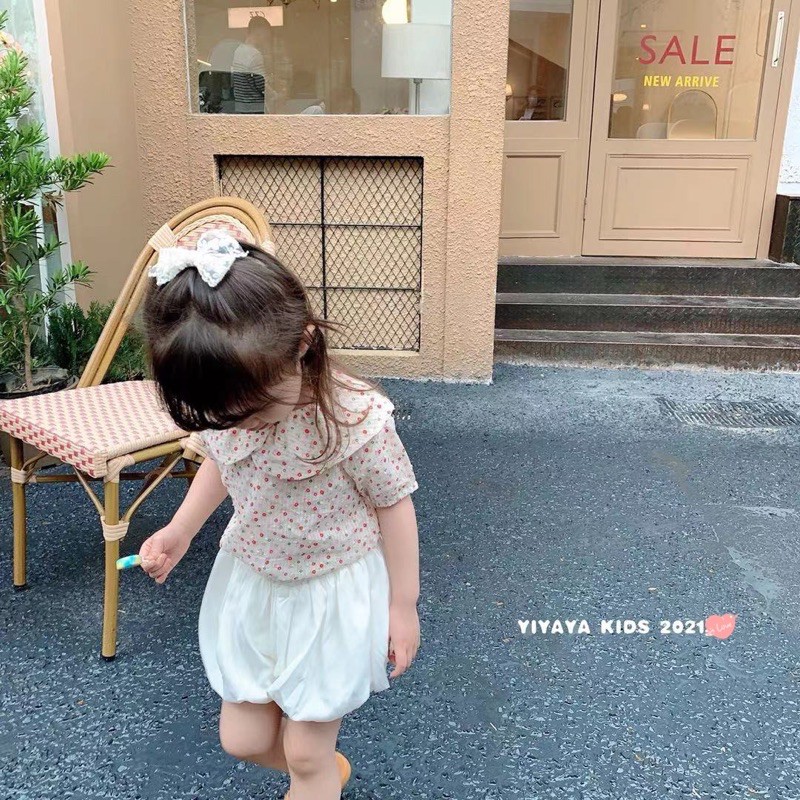 YIYAYA KIDS (2856)(2809) - Áo ren cúc tim đính hạt kim sa mix với quần short đèn lồng